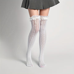 Heart Pattern Thigh High Socks Lace Trim Over The Knee Socks