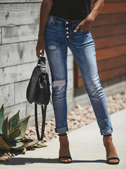 Slim Fit Ripped Denim Jeans Single Breasted High Stretch Casual Pants