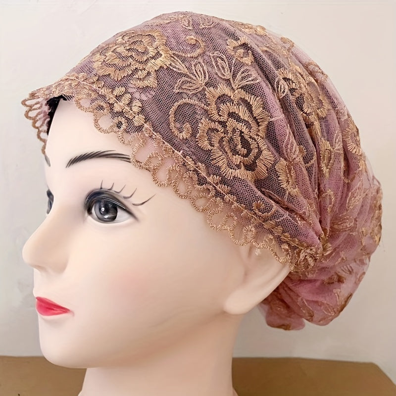 Rose Embroidery Lace Turban Cap Double Layer Beanie Ramadan Head Wrap Inner Hija