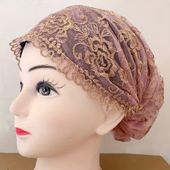 Rose Embroidery Lace Turban Cap Double Layer Beanie Ramadan Head Wrap Inner Hija