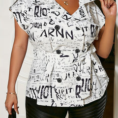  Letter Print Cap Sleeve Blouse With Belt