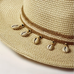 Boho Straw Hat Shell Chain Decor Wide Brim Khaki Sun Hat