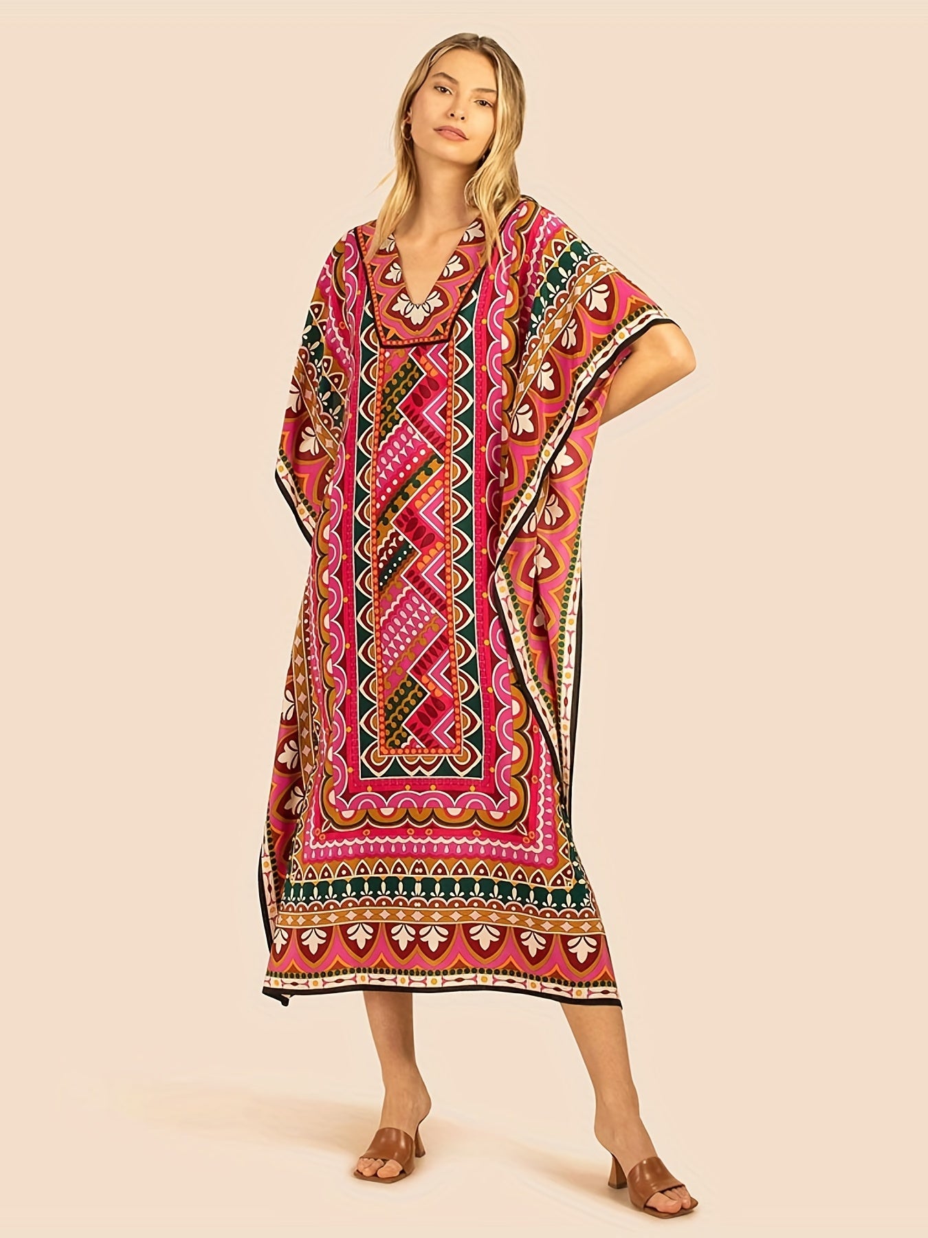  Boho Cover Up African Ethnic Print Bat Sleeve V Neck Split Dress
