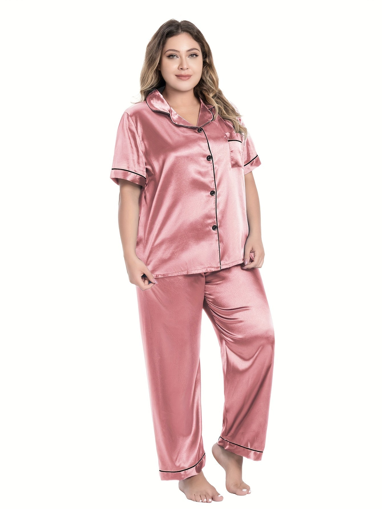  Satin Pajama Set Short Sleeve Button Up Shirt & Pants 2 Piece