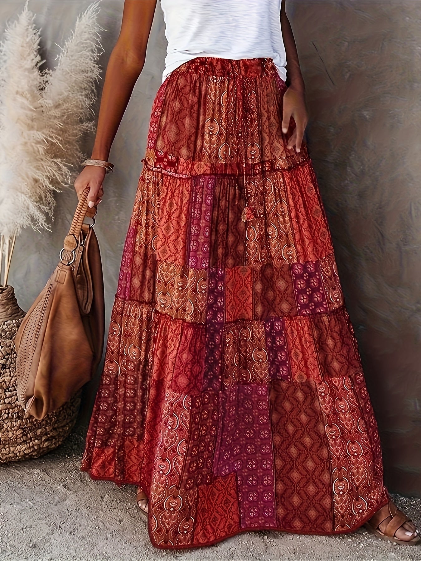 Patchwork Print Boho Skirt Plus Size Smock Drawstring