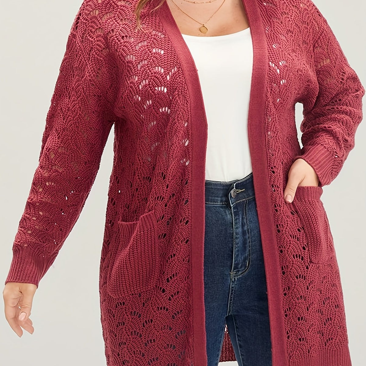  Casual Cardigan Women's Plus Hollow Knitted Long Sleeve Open Front Swe
