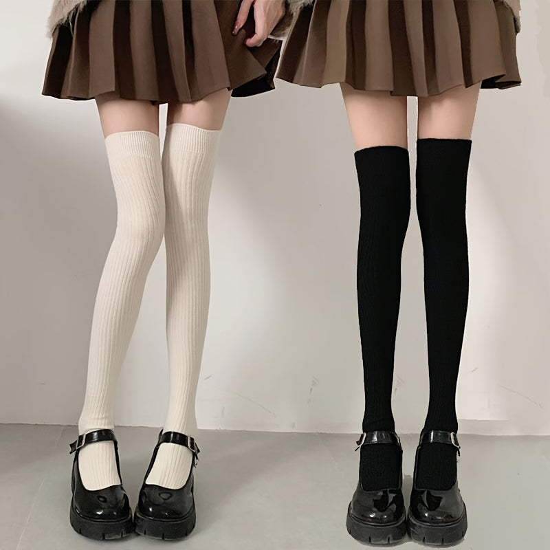 2 Pairs Solid Thigh High Socks Warm Over The Knee Socks Stockings