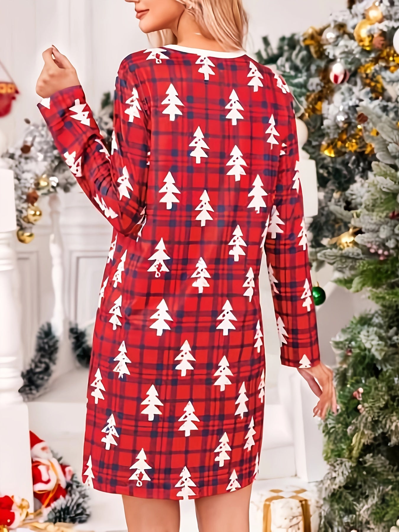 Trees Print Lounge Dress Crew Neck Long Sleeve Plaid