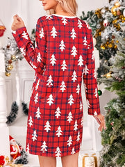 Trees Print Lounge Dress Crew Neck Long Sleeve Plaid