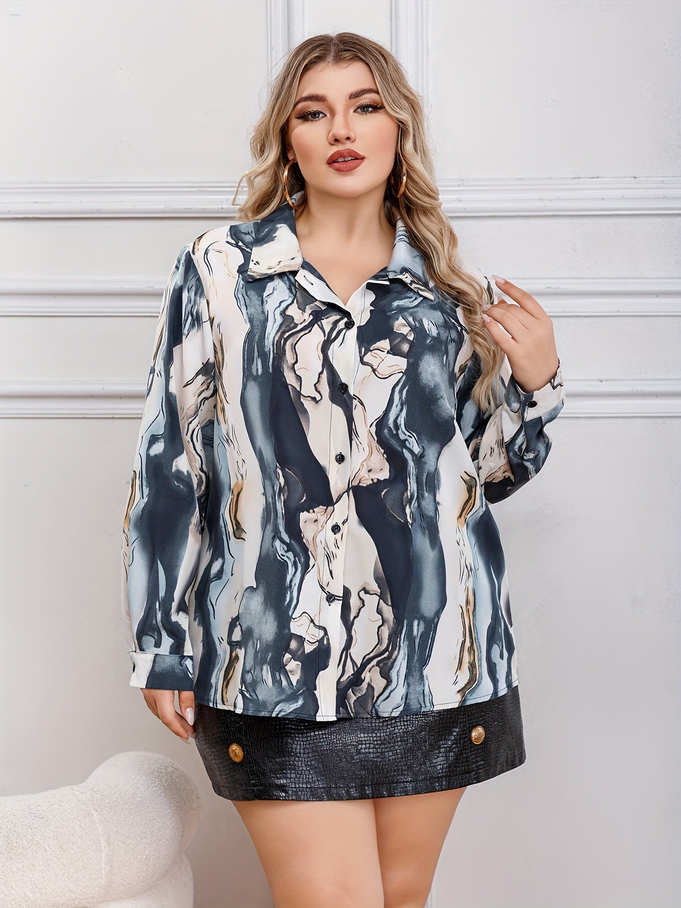 Women's Plus Marble Print Button Up Shirt Top