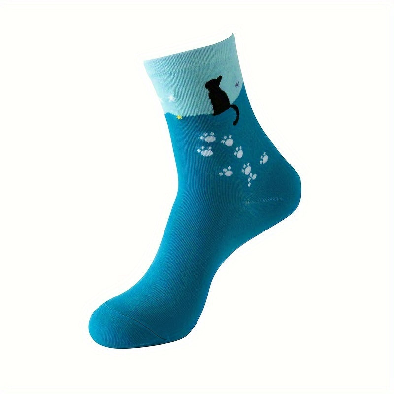 Moon & Cat Print Socks Soft Mid Tube Women's Stockings