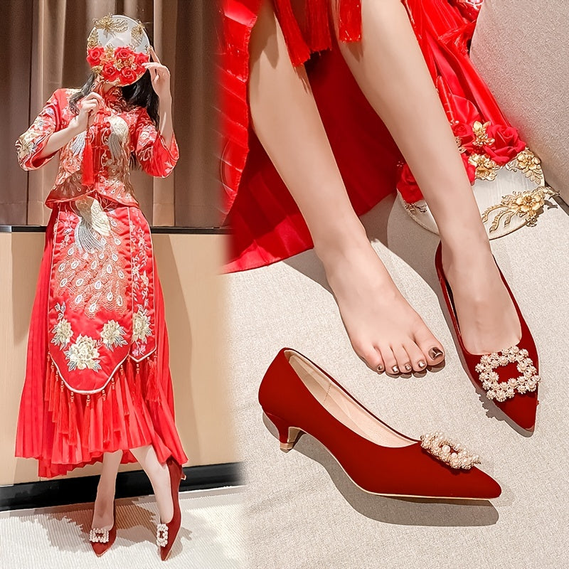 Women's Red Faux Pearl Low Heels Rhinestone Slip On Wedding Dress Shoes