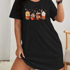  Coffee Print Short Sleeve Lounge Dress