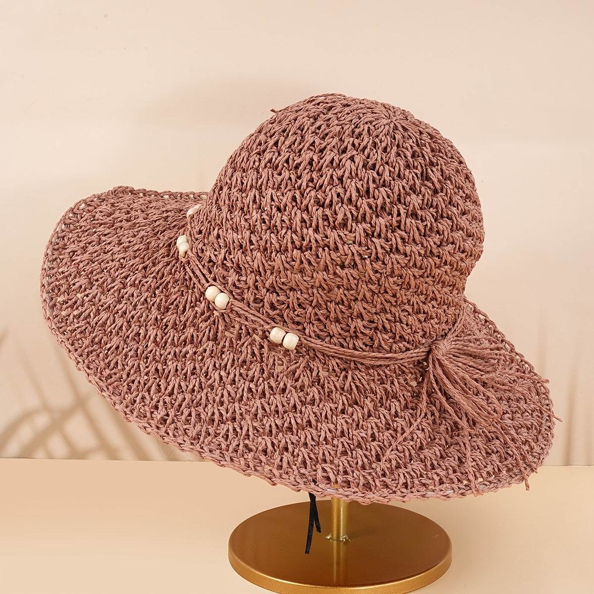 Women's Big Brim Straw Bucket Hat Wooden Bead Rope Decor Fisherman Cap