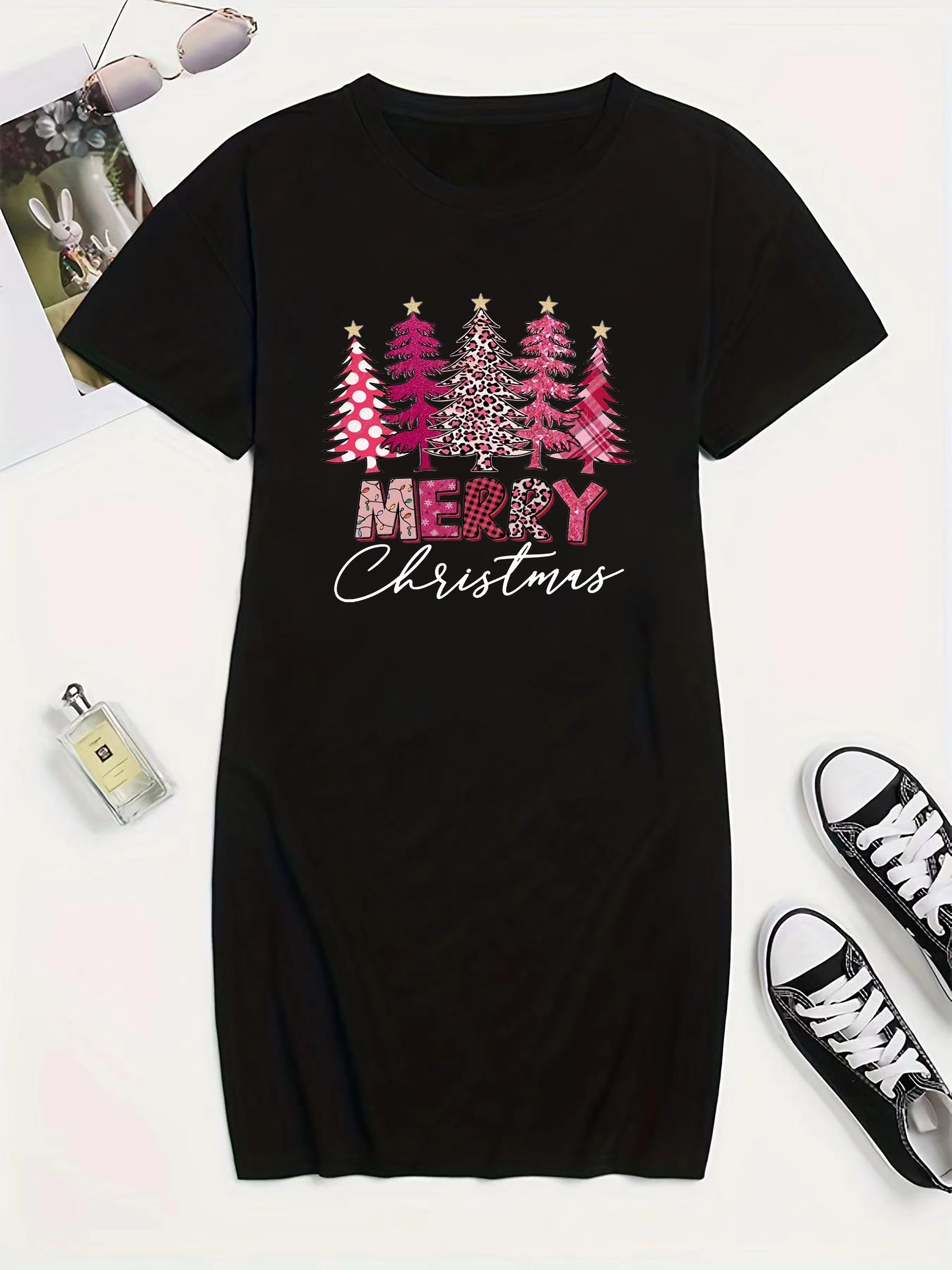  Christmas Casual Dress Women's Plus Tree & Slogan Print Dress