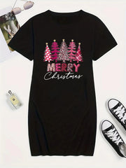  Christmas Casual Dress Women's Plus Tree & Slogan Print Dress