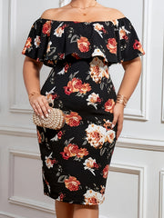  Floral Print Off Shoulder Midi Dress
