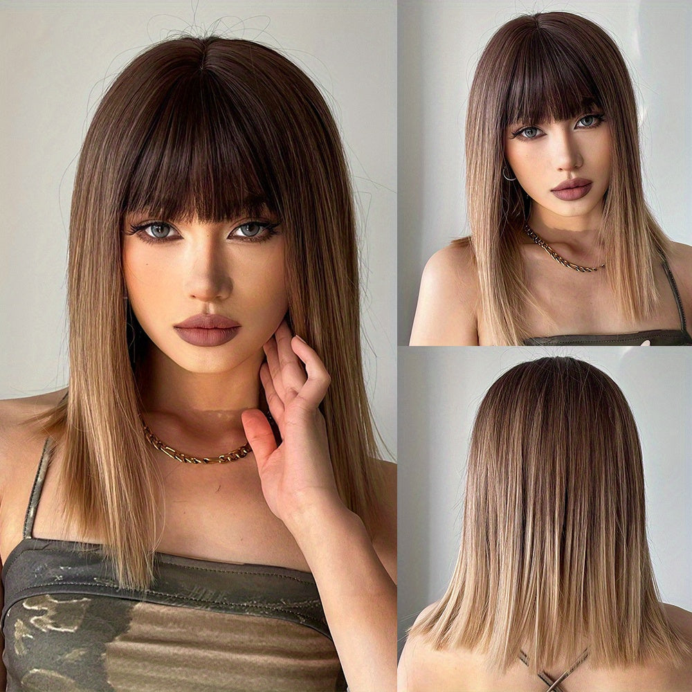 Ombre Bob Wig Straight Synthetic Hair with Bangs for Women