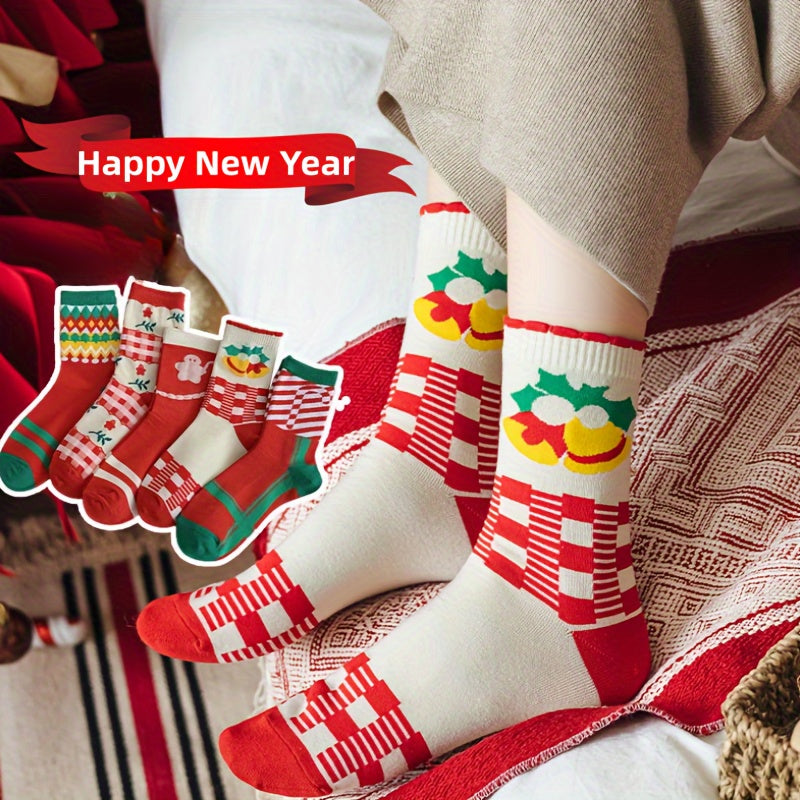 5 Pairs Christmas Print Socks Women's Mid Tube Stockings
