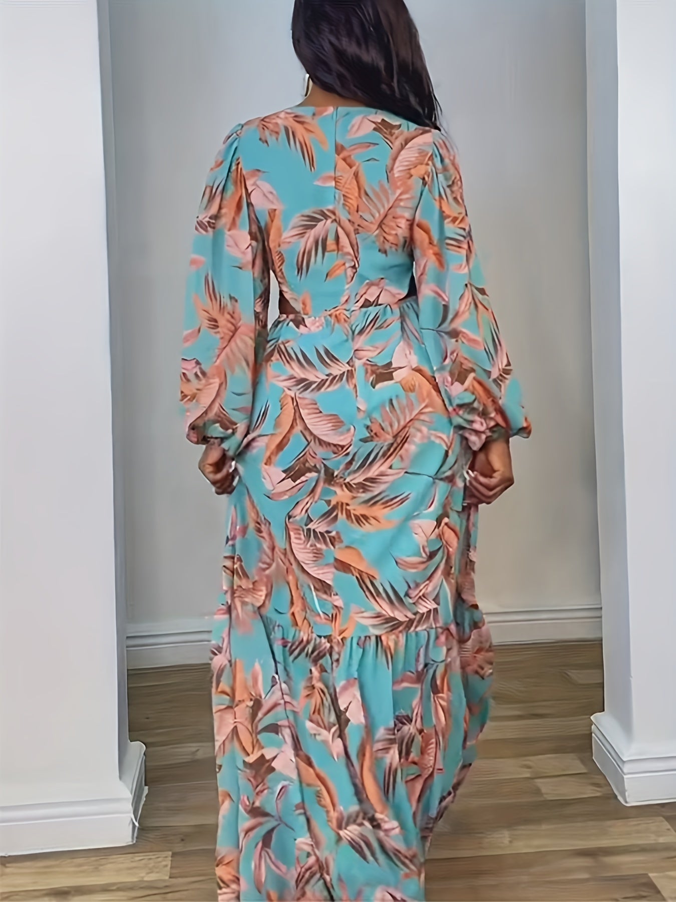  Women's Tropical Print Lantern Sleeve Maxi Dress