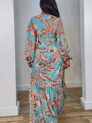  Women's Tropical Print Lantern Sleeve Maxi Dress