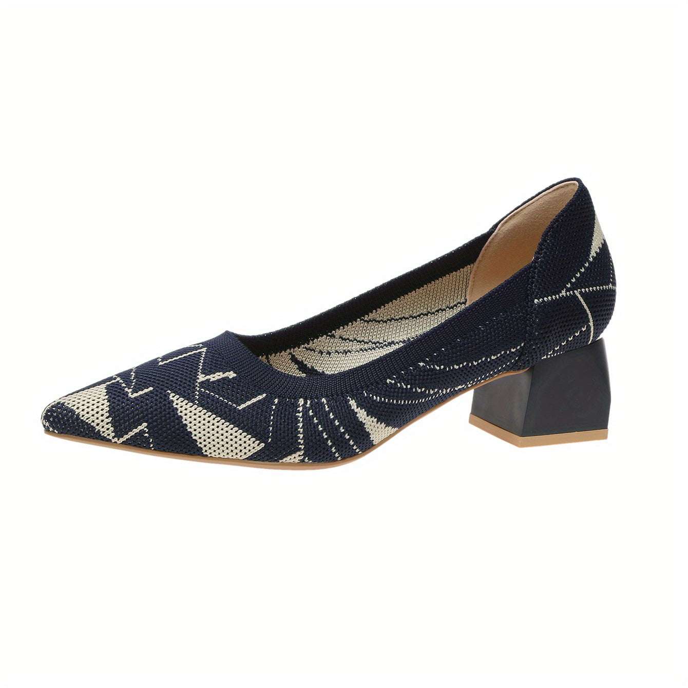 Colorblock Chunky Heels Breathable Knit Point Toe Pumps