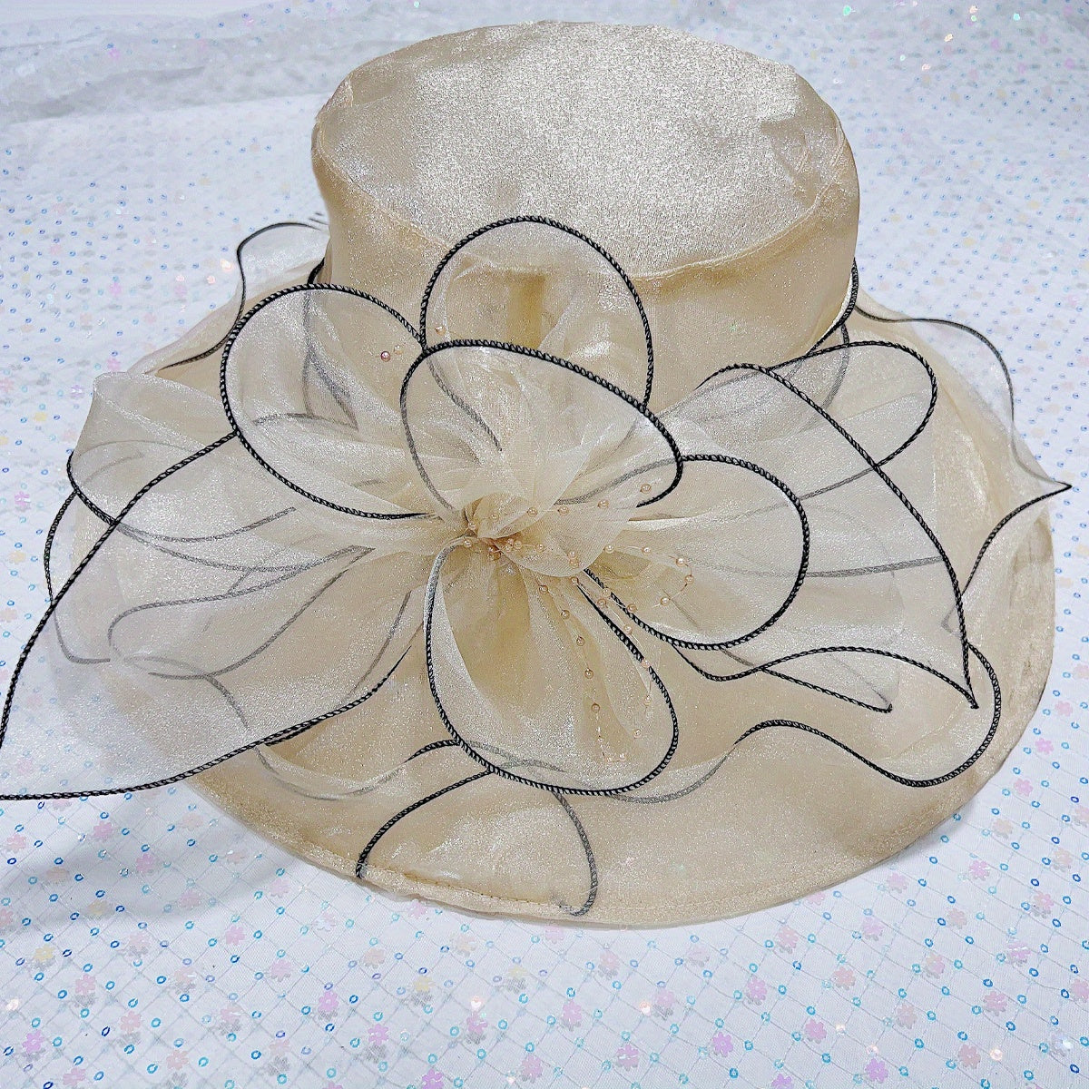 Women's Wide Brim Fedora Cap Mesh Sun Hat Leaf Flower Bridal Wedding Hat