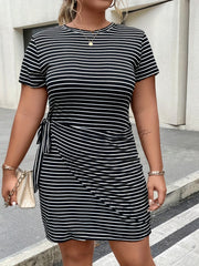  Casual Stripe Print Short Sleeve Wrap Bodycon Dress