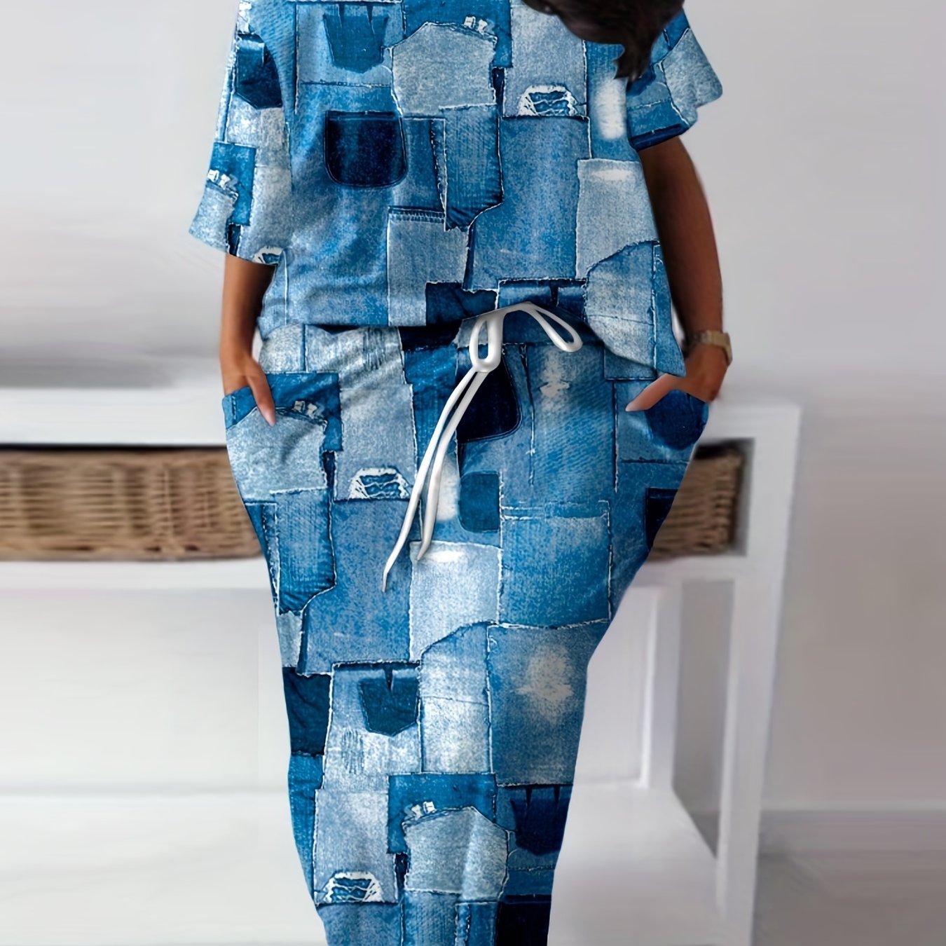  Denim Print One Shoulder Top & Skirt Set