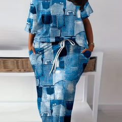  Denim Print One Shoulder Top & Skirt Set