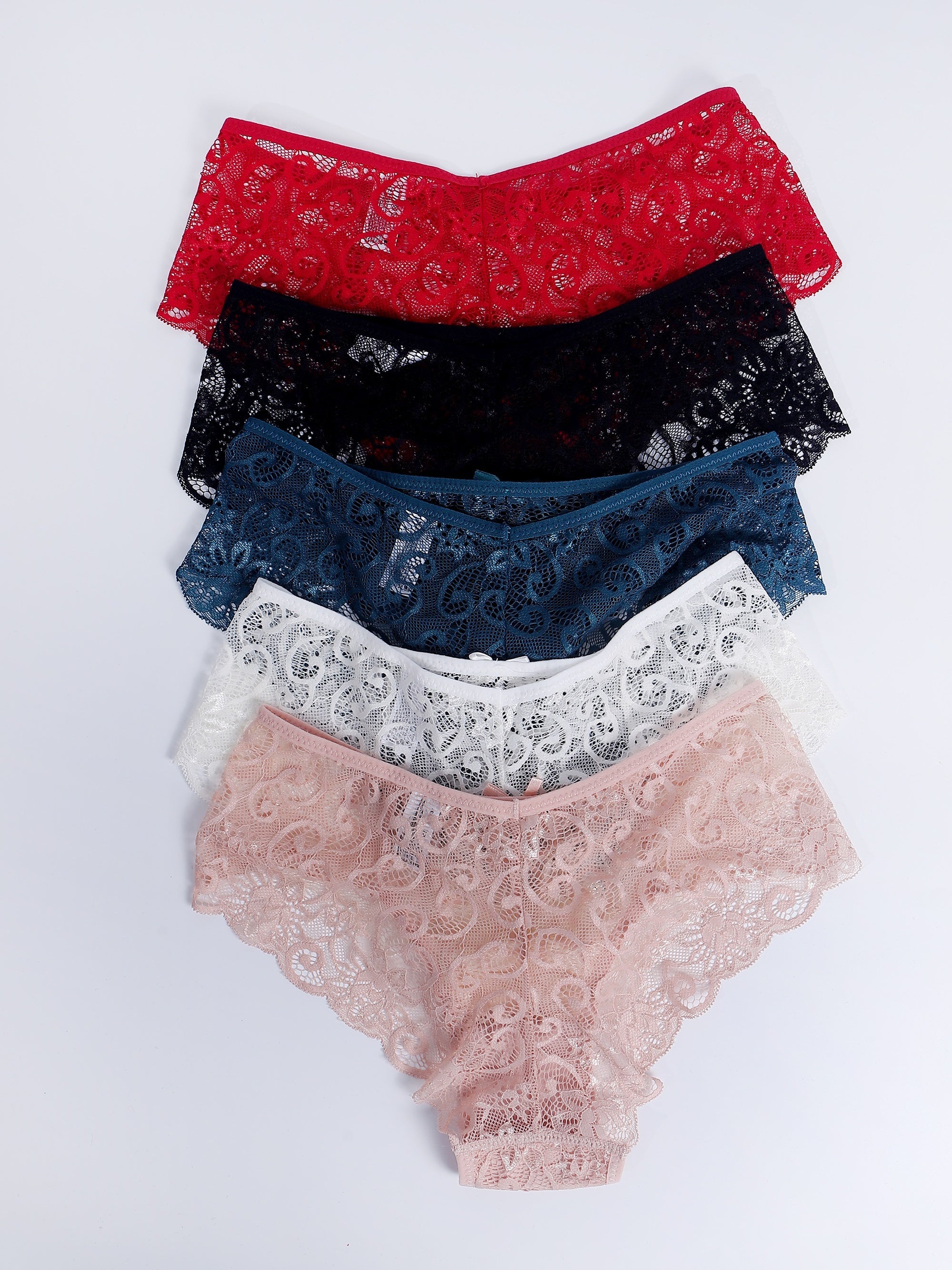 5pcs Floral Lace Briefs Bow Tie Intimates Panties Women's Lingerie