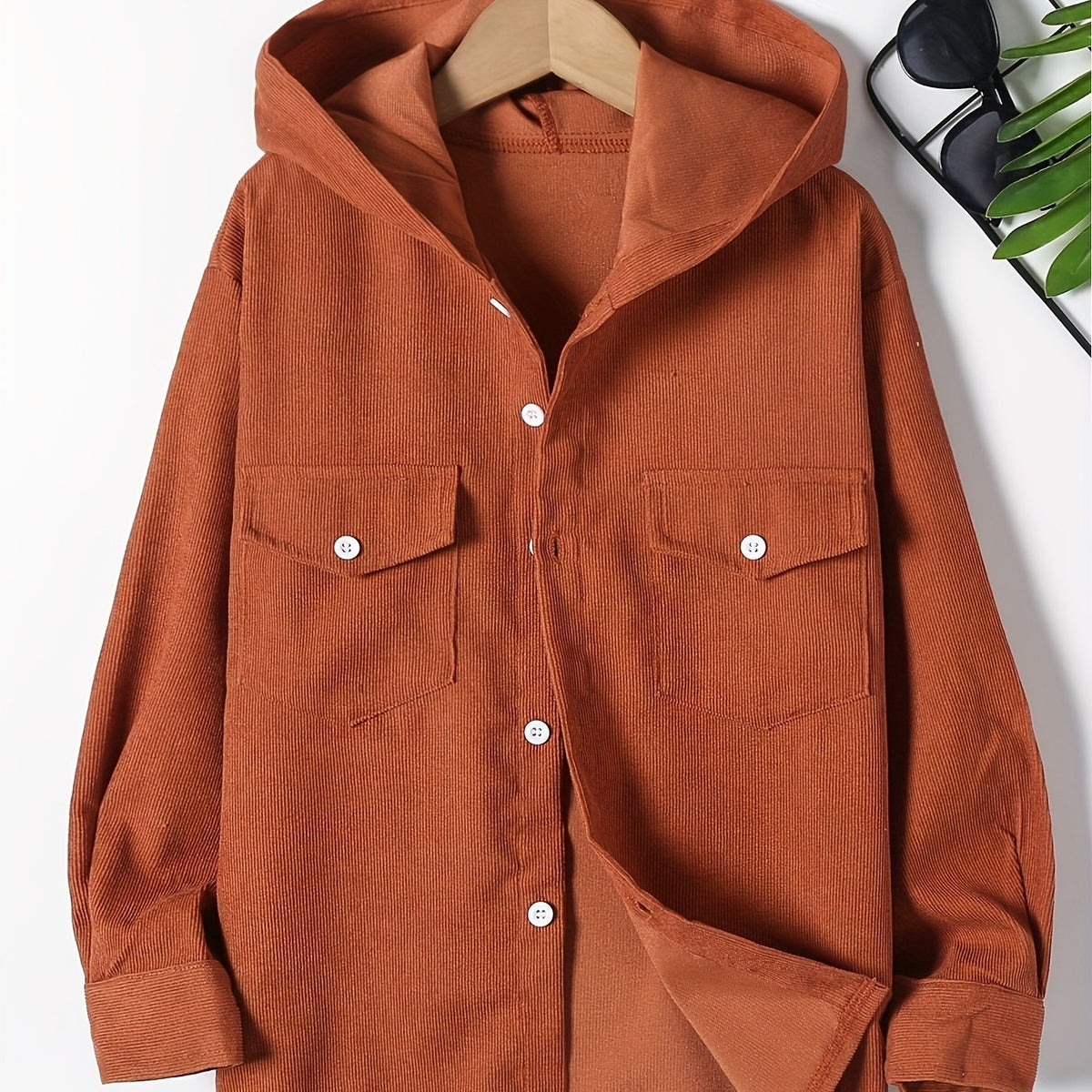 Boys Corduroy Hooded Shirts Long Sleeve Button Down Tops
