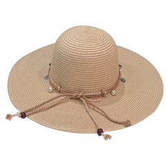 Boho Sun Hat Beads Solid Straw Foldable Travel Beach Hat