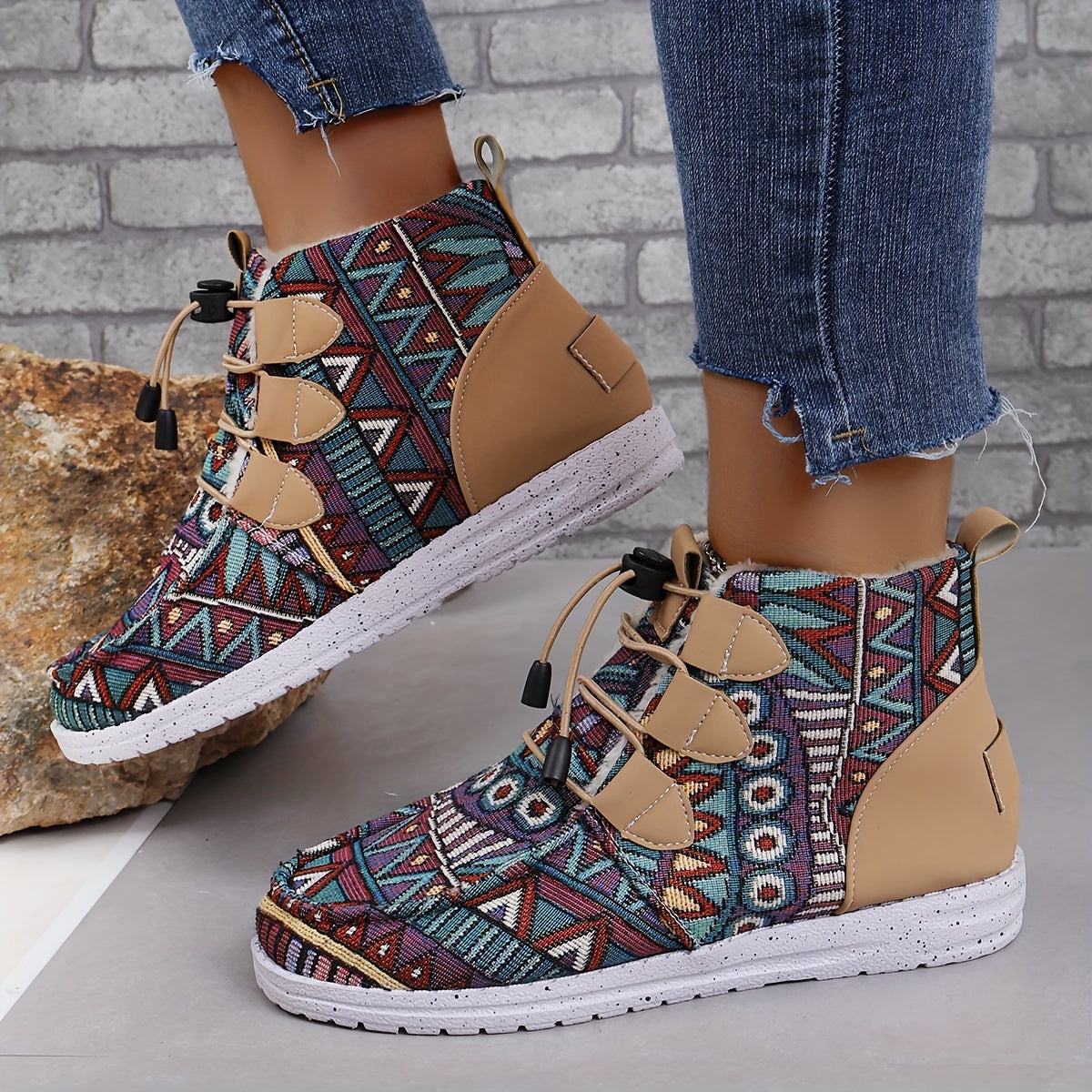 Retro Floral Pattern Round Toe Thickened Warm Autumn And Winter Boots