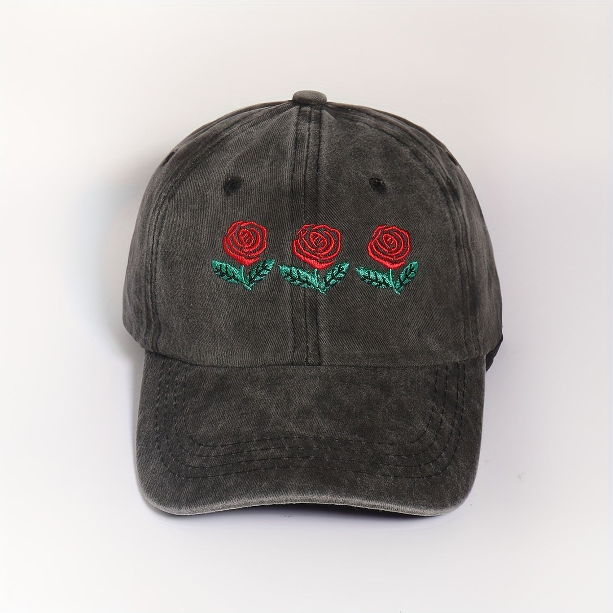 Three Roses Embroidery Baseball Cap Washed Distressed Gray