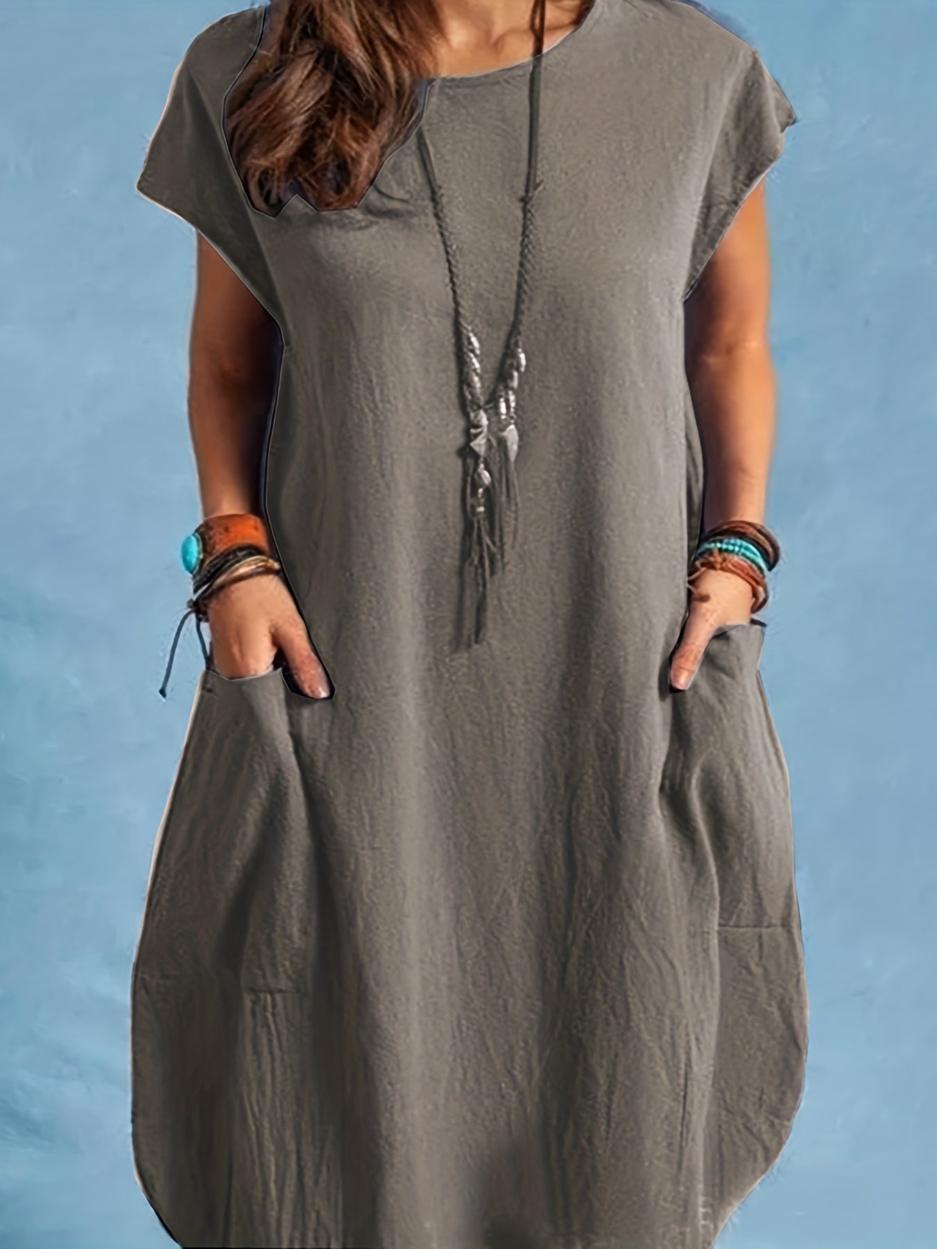  Basic Dress Women's Plus Short Sleeve Maxi Dress With Pockets