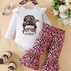 Baby Girl Cartoon Print Romper & Leopard Print Flared Set