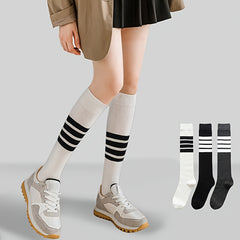 3 Pairs Striped Calf Knee High Socks Women's Stockings & Hosiery