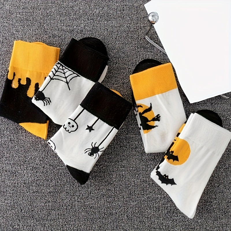 5 Pairs Halloween Crew Socks Skull & Pumpkin Print Stockings Women's Hosiery