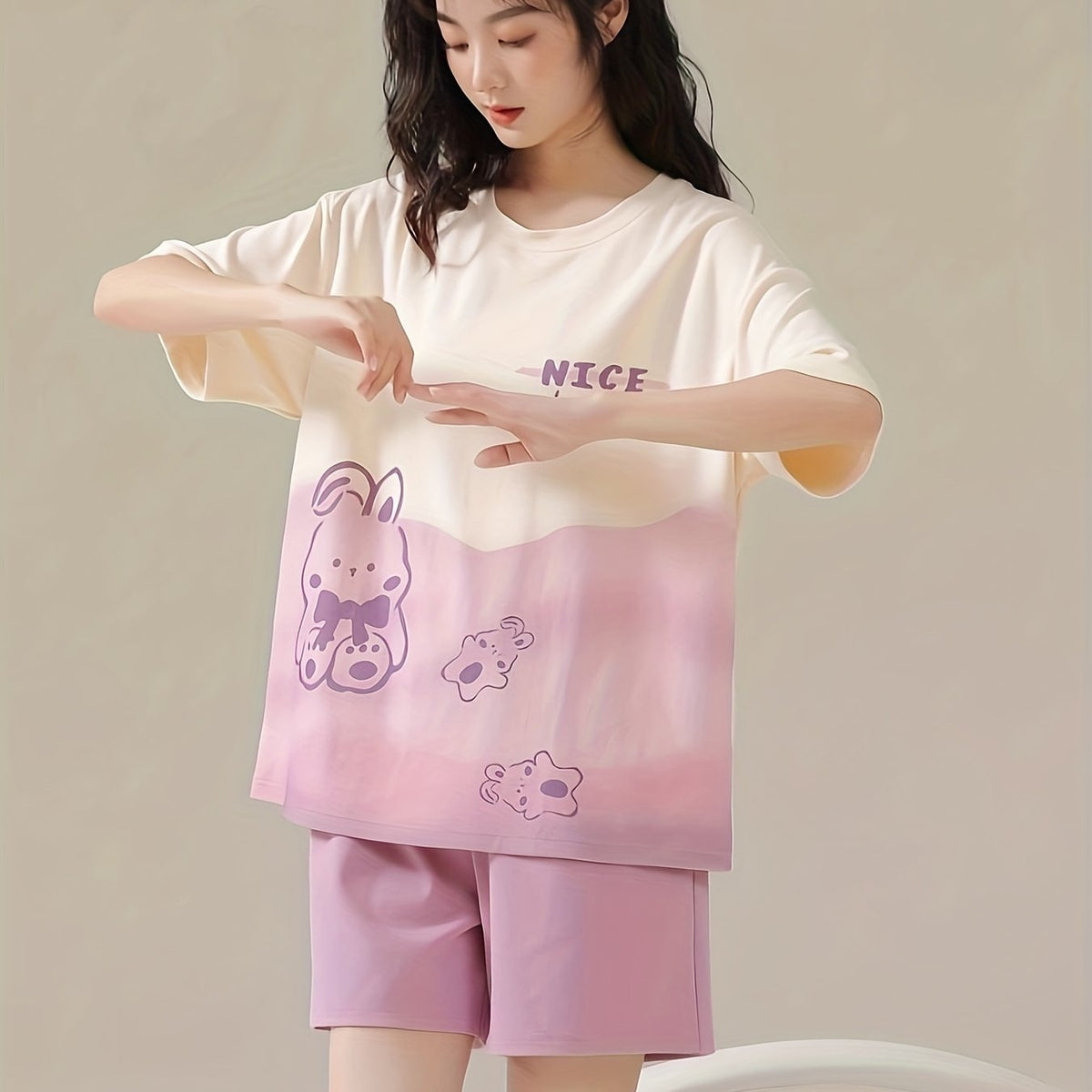 Bunny Print Pajama Set Short Sleeve Top & Shorts