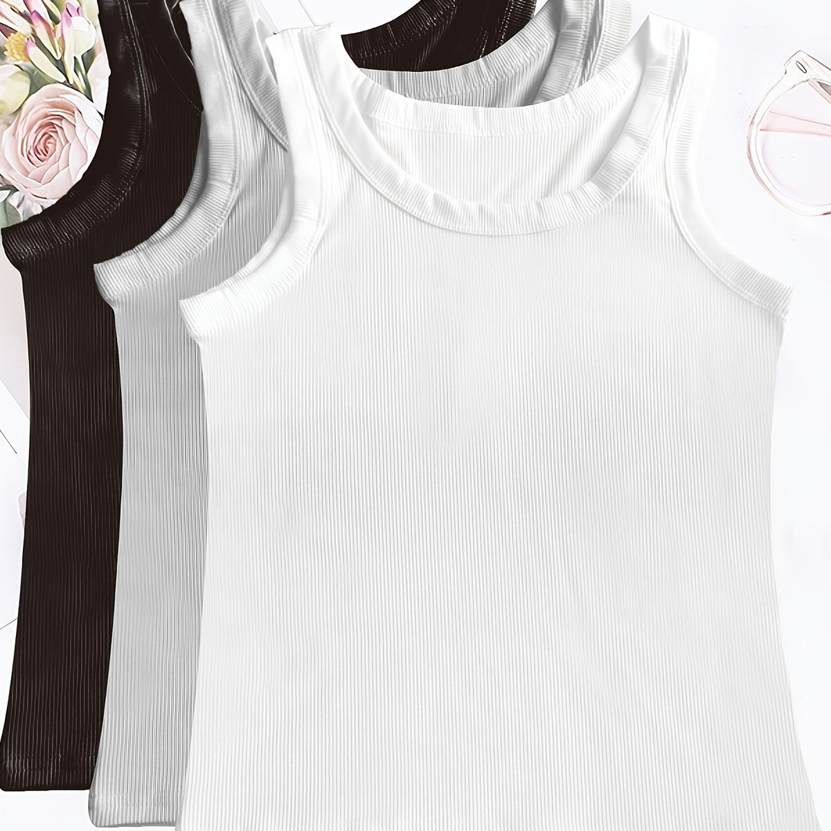 3pcs Ribbed Tank Tops Sleeveless Crew Neck Women's Lingerie