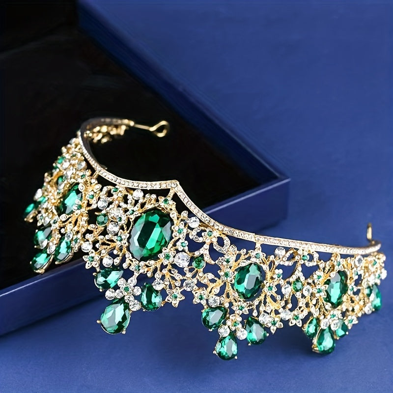 Green Crystal Crown Tiara Baroque Style Headband Hair Accessories