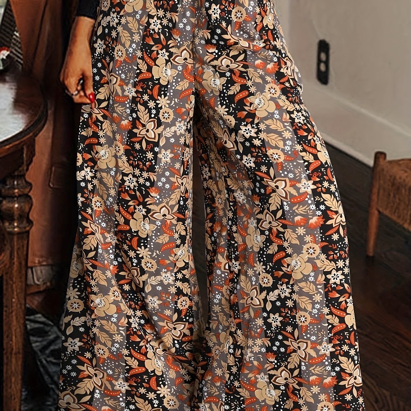 Plus Floral Stripe High Waisted Wide Leg Pants