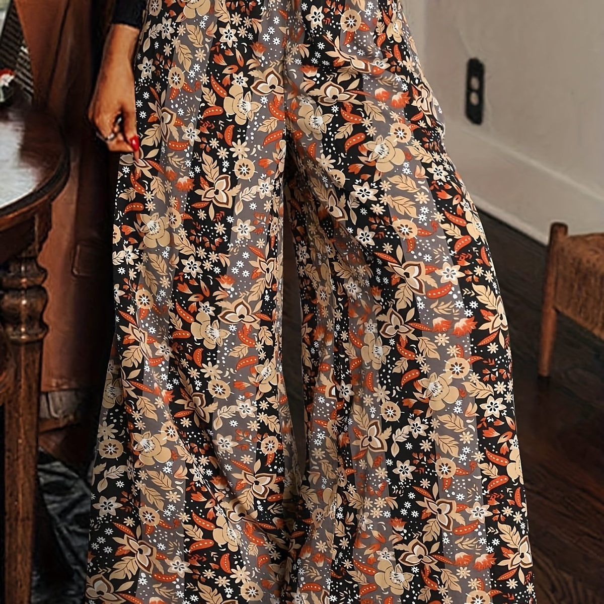 Plus Floral Stripe High Waisted Wide Leg Pants