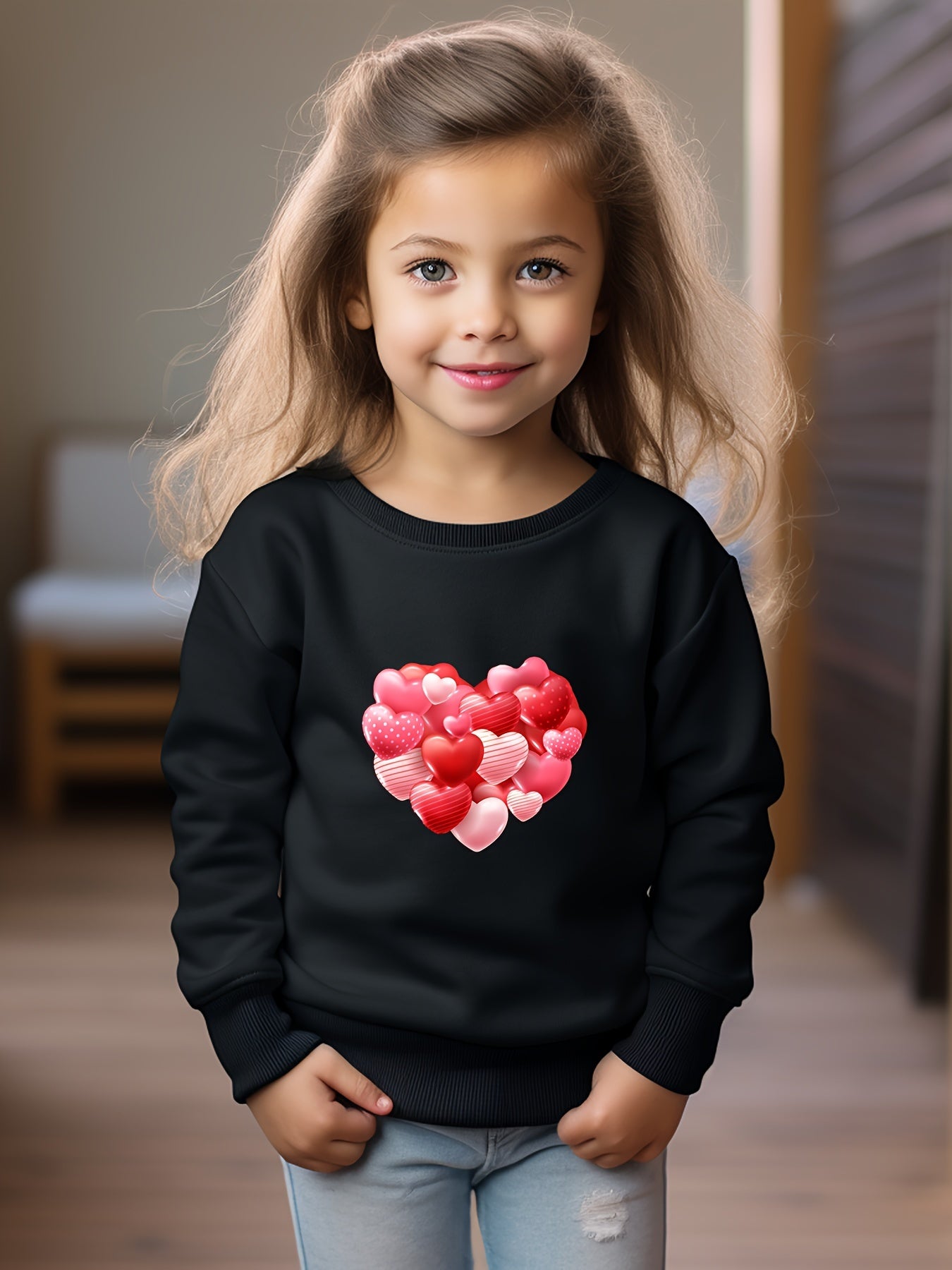 Red Hearts Print Girls Casual Pullover Sweatshirt