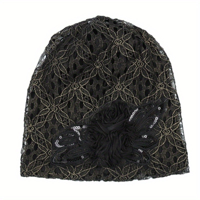 Flower Decor Lace Beanie Solid Turban Hat Lightweight Chemo Cap