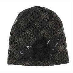 Flower Decor Lace Beanie Solid Turban Hat Lightweight Chemo Cap