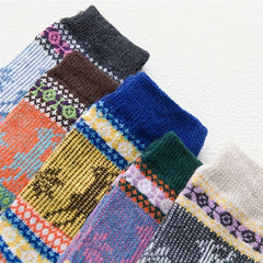 Elk Print Striped Socks Comfy & Warm Mid Tube Women's Stockings