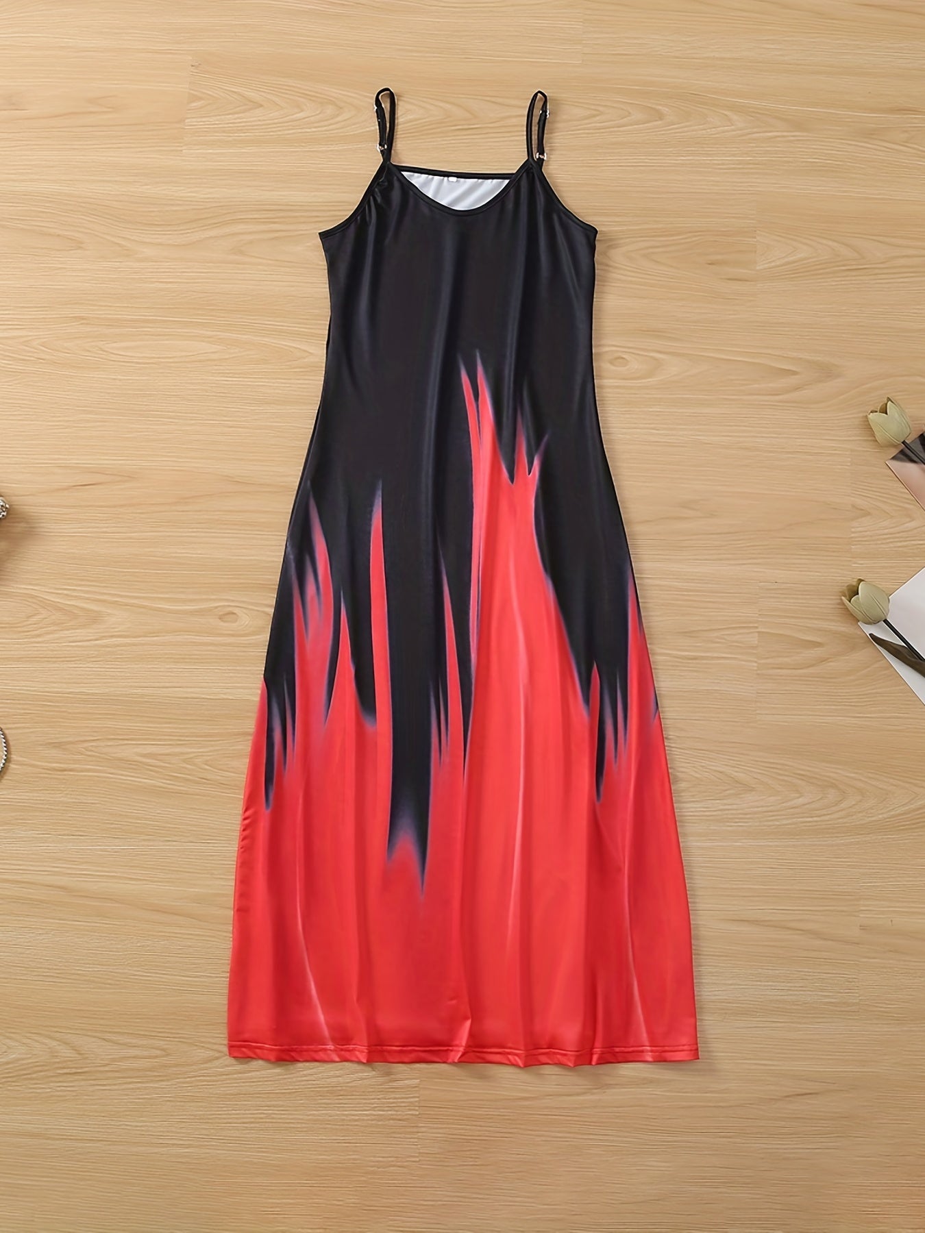  Colorblock Fire Print Maxi Cami Dress