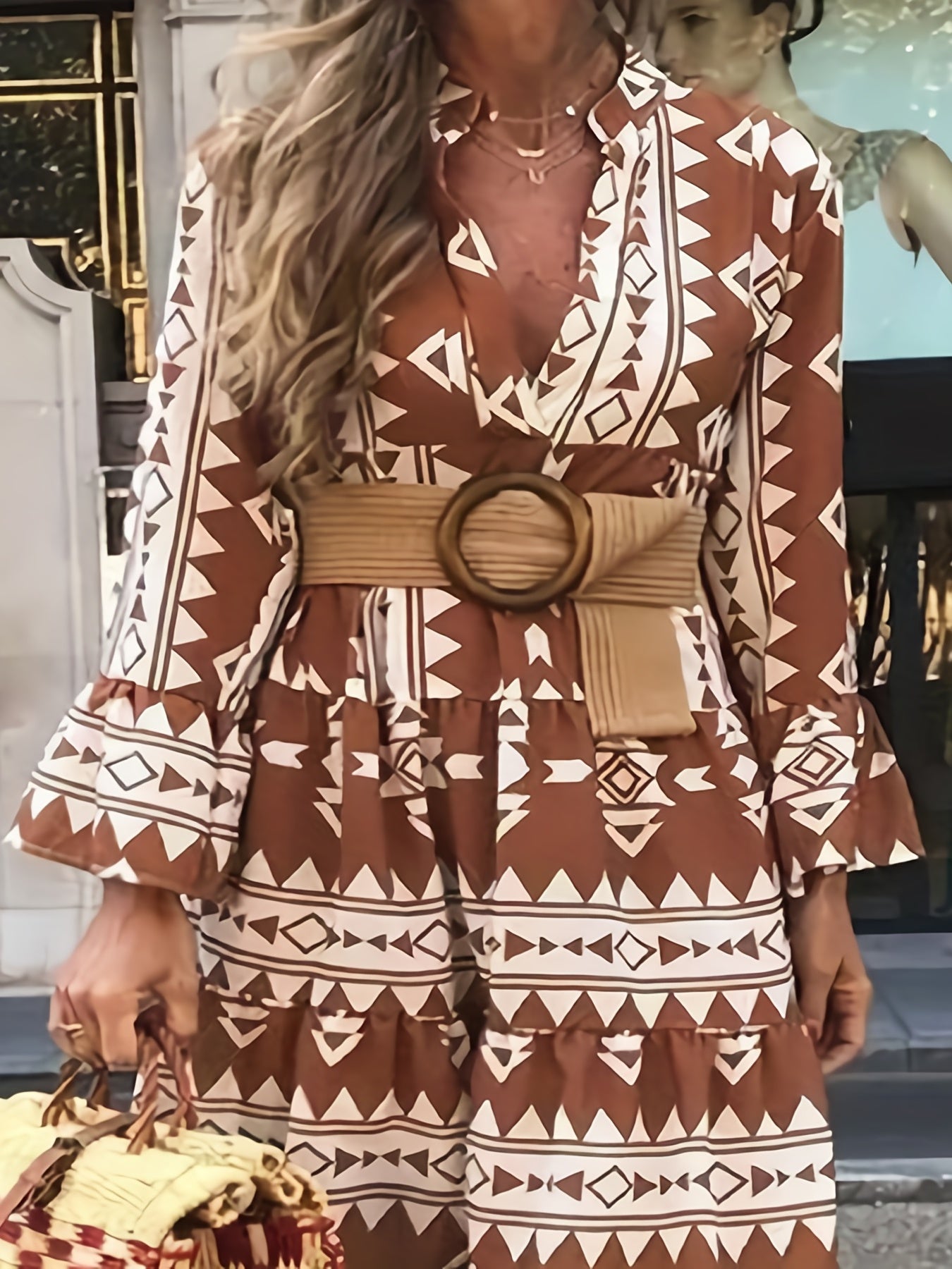  Bell Sleeve Geometric Print V Neck Smock Mini Dress